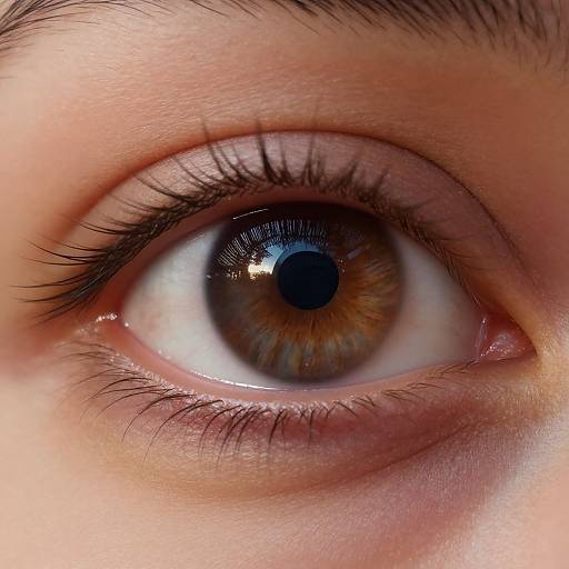 Close-up photograph of a human eye with a brown iris, reflecting light, surrounded by long eyelashes, and soft skin.