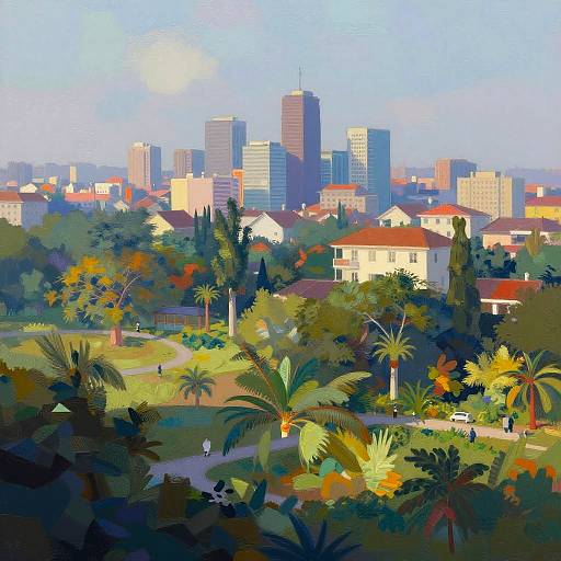 Digital painting of a vibrant cityscape with colorful buildings, tall skyscrapers, lush palm trees, and a sunlit, blue sky.