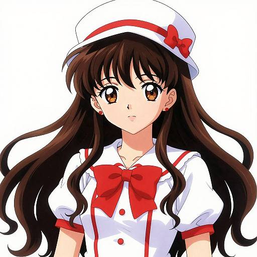 Anime-style illustration of a young girl with long brown hair, brown eyes, wearing a white nurse outfit with red accents and a red bow. White background