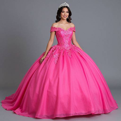 Photograph of a smiling woman in an off-the-shoulder, bright pink, lace-embellished ballgown with a full skirt,