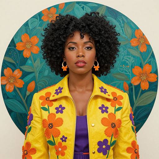 Photograph of a confident Black woman with curly hair, wearing a vibrant yellow floral jacket, purple top, and orange earrings, against a circular teal floral