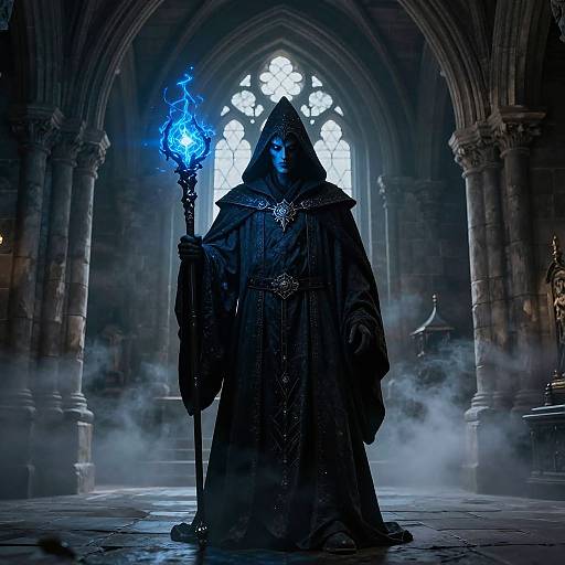 Mysterious dark-robed figure with glowing blue staff stands in misty, Gothic cathedral, illuminated by arched stained glass windows. Digital art.