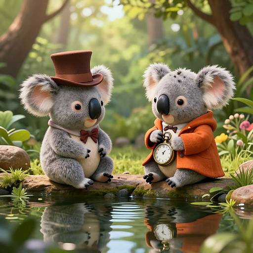 Photorealistic CGI of two cute, anthropomorphic koalas in a forest; one wears a top hat and bow tie, the other a red