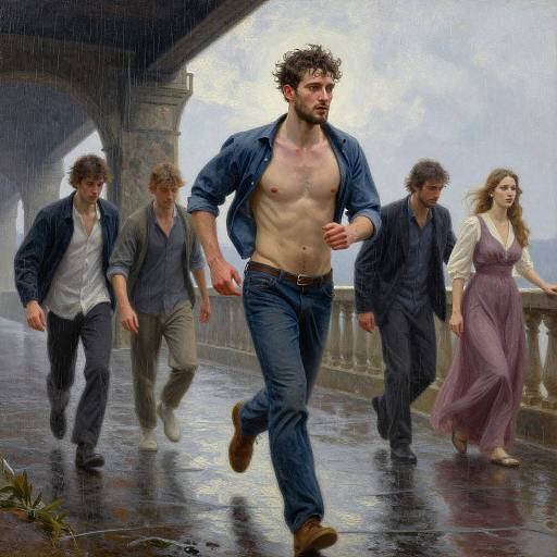 Digital painting of five people running in rain under an archway; central shirtless man leads, others in blue and white attire.