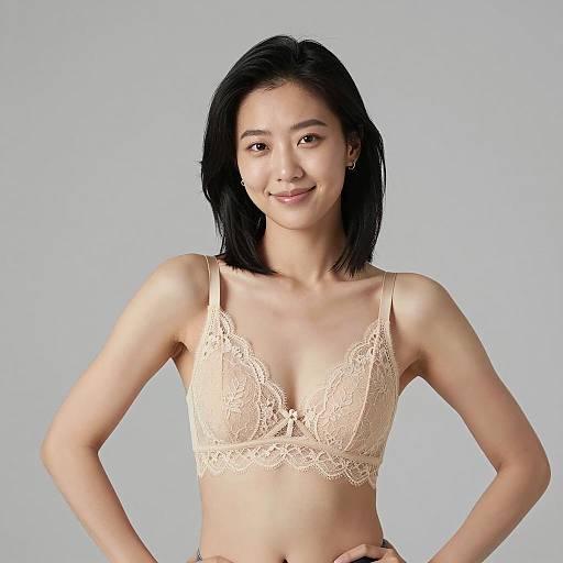 Confident Asian Woman in Beige Lace Bra