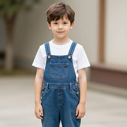 Photograph of a young boy with short brown hair, wearing a white t-shirt and blue denim overalls, standing outdoors against a blurred background.