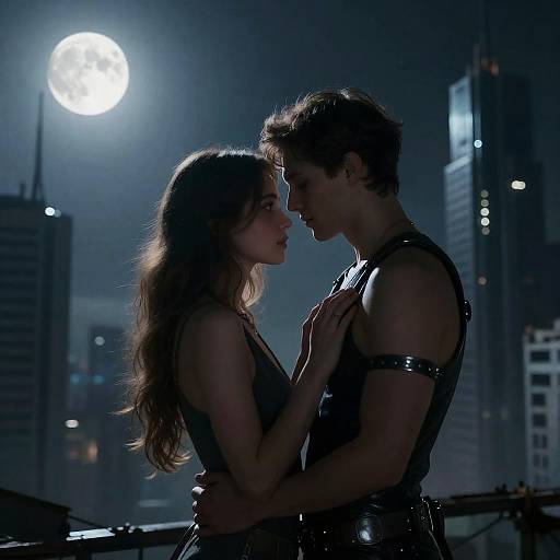 Silhouetted couple in dark, gothic attire, gazing intimately under a full moon in a cityscape at night, hands touching. Phot