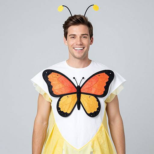 Photograph of a smiling young man with short brown hair, wearing a white shirt with large orange and black butterfly wings and a yellow skirt, and yellow