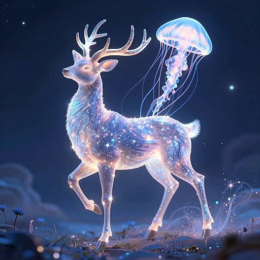 Celestial Stag and Bioluminescent Jellyfish