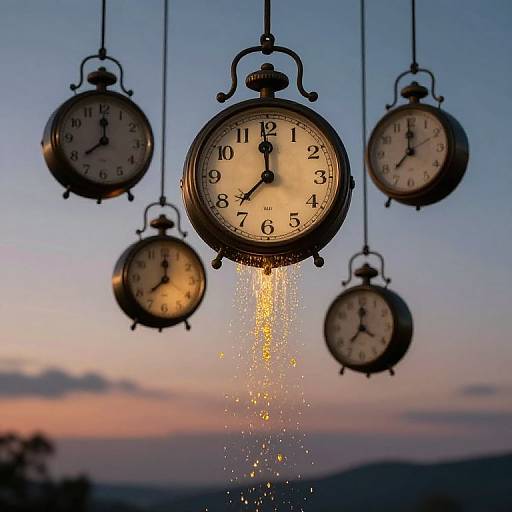 Photograph of five antique hanging clocks against a twilight sky, with one clock's hands pointing to 6:15, gold droplets falling from it