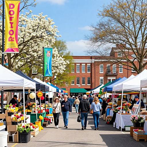 Photograph of a sunny outdoor market with white tents, colorful flowers, people walking, a 