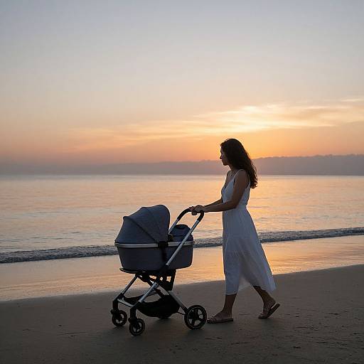 Photograph of a woman in a white dress pushing a stroller on a sandy beach at sunset, with a serene ocean and orange-pink sky in
