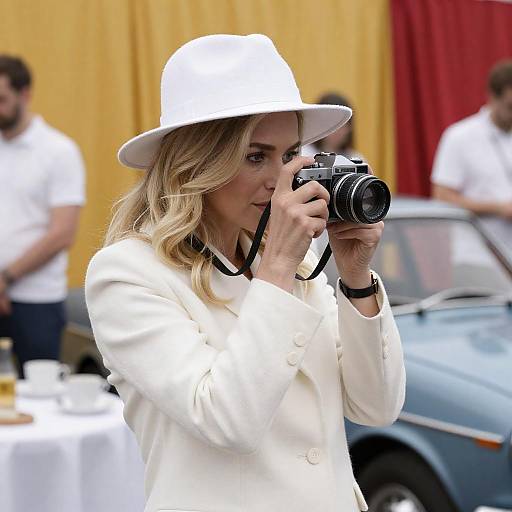 Blonde Photographer Captures Vintage Car Scene