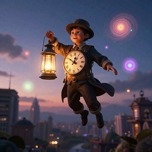 Whimsical Clockmaker Hovering Over Floating City