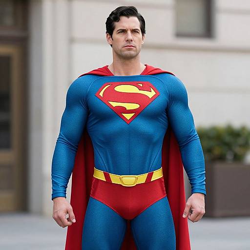 Photorealistic CGI of a muscular, dark-haired Superman standing confidently, wearing blue bodysuit with red 