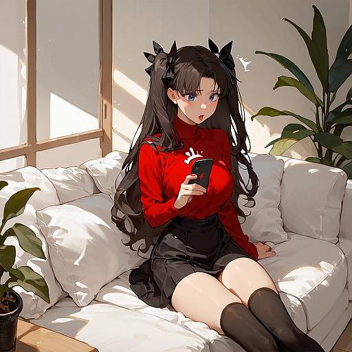 Anime Girl Sitting on Sofa with Phone