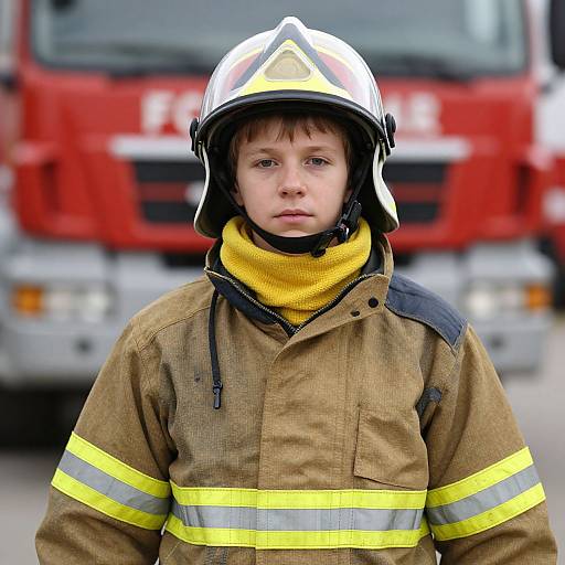 Photograph of a young boy in a white helmet, yellow neck warmer, and brown firefighting jacket with yellow stripes, standing in front of a red