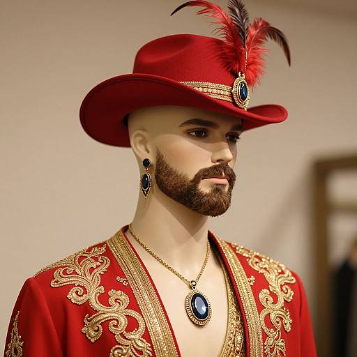 Photograph of a bearded man with a trimmed beard, wearing a red feathered hat, red embroidered robe, blue gemstone necklace and earrings,