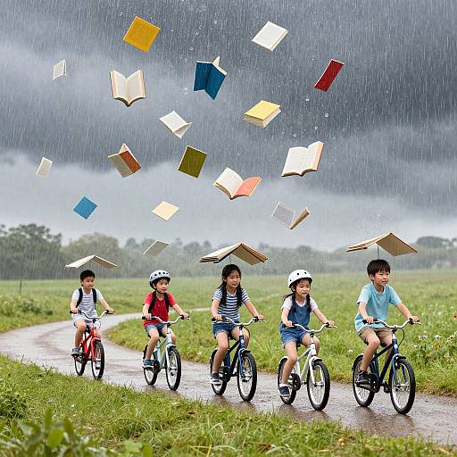 Photograph of four children riding bicycles on a rainy path, with colorful open books floating above them in the stormy sky.