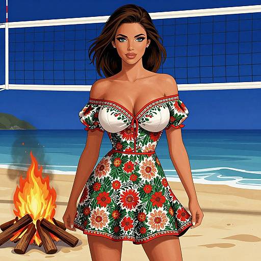 Digital artwork of a curvy, brown-haired woman with large breasts, wearing an off-shoulder floral dress, standing on a beach volleyball court with