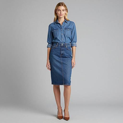 Woman in Denim Pencil Skirt and Shirt