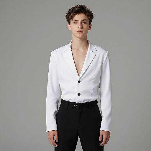Photograph of a young man with short brown hair, wearing a white, buttoned, deep V-neck blazer, and black pants, against a