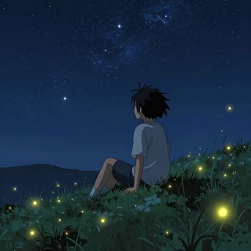 Anime-style digital drawing of a boy with spiky black hair, sitting on a grassy hill at night, gazing at a starry sky with