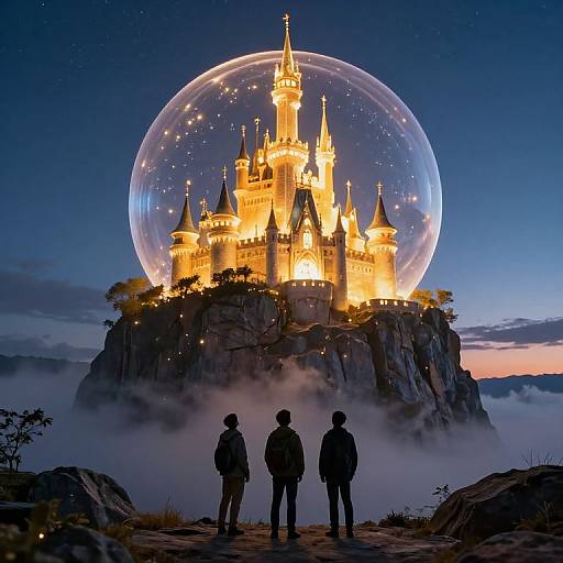 Digital art of three silhouetted figures gazing at a glowing, illuminated castle atop a rocky cliff, encased in a transparent sphere, set