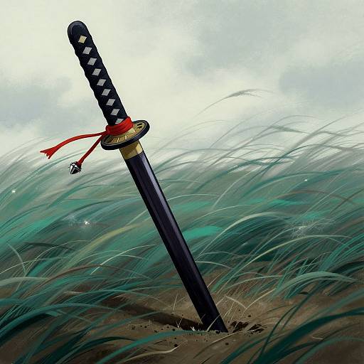 Digital illustration of a black katana with diamond-patterned hilt, red tassel, and gold guard, standing upright in swirling, teal-green grass