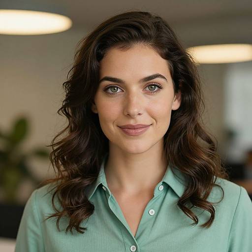 Photograph of a smiling woman with wavy dark brown hair, green eyes, wearing a light green button-up shirt, in a brightly lit office.