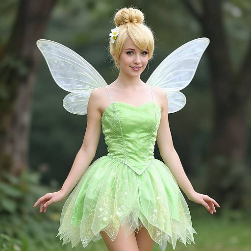 Blonde fairy with green dress, transparent wings, bun hairstyle, and flower, standing in a forest, smiling. Digital art.