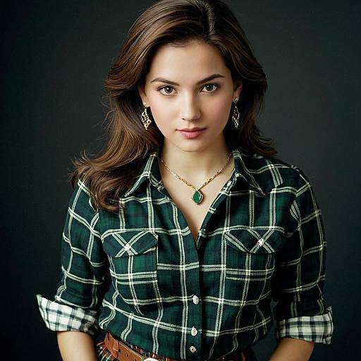 Woman in Green Tartan Shirt with Gold Jewelry
