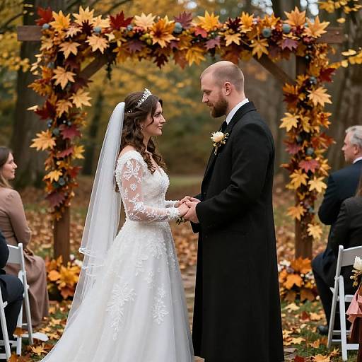 Photograph of a bride in a white lace dress and veil, and groom in a black kilt, holding hands under an autumn-themed archway.