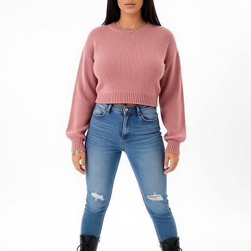 Photograph of a woman with long black hair, wearing a pink knit sweater, blue distressed jeans, and black boots, standing against a white background.