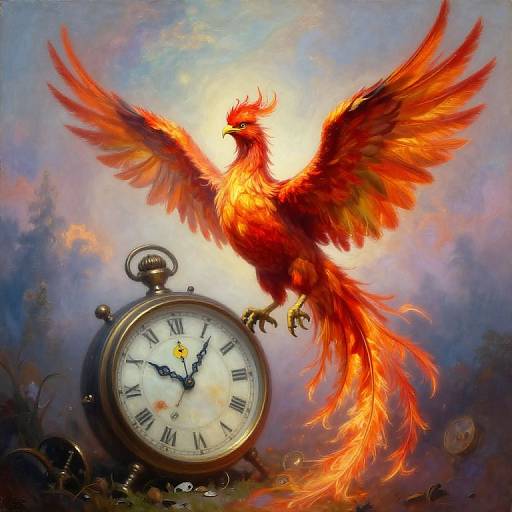Digital painting of a fiery red phoenix with outstretched wings perched on an antique clock, against a dreamy, pastel sky.