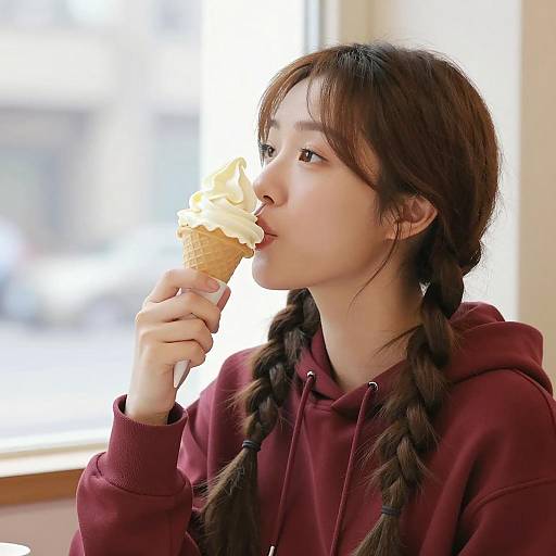 Asian Woman Enjoying Ice Cream Cone