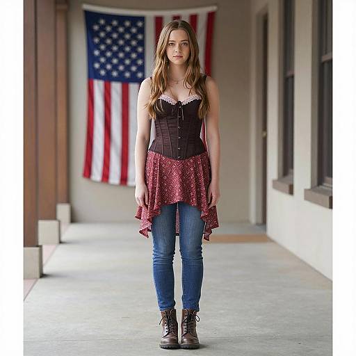 Young Woman in Casual Stylish Outfit with American Flag