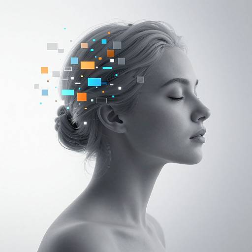 Photograph-style digital artwork of a serene, closed-eyed blonde woman in profile, with pixelated, colorful squares dissolving from her hair against a white