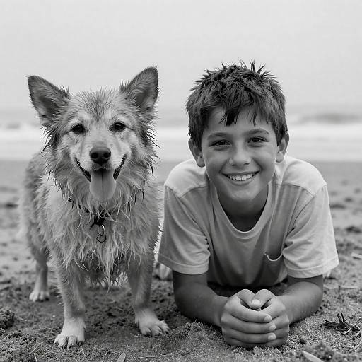 Joyful Boy and Fluffy Dog at the Beach
