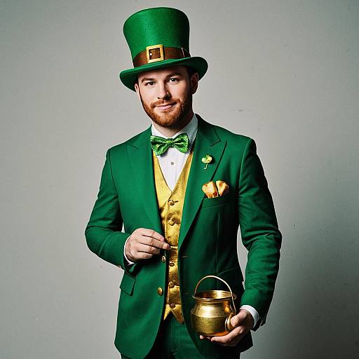 Man in Leprechaun Costume Holding Pot of Gold