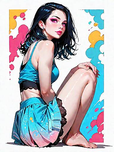 Stylish Woman in Blue Outfit Sitting