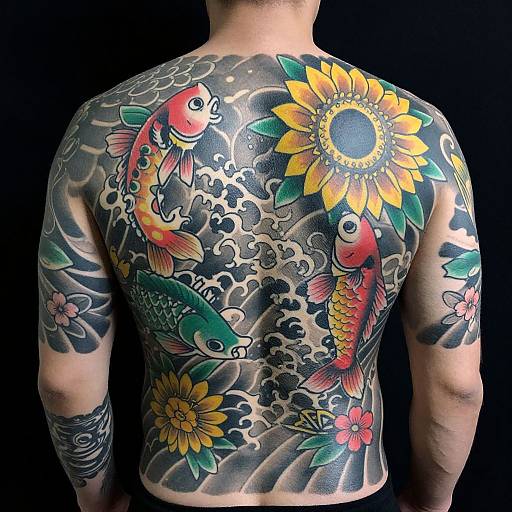 Photograph of a tattooed male back featuring vibrant, colorful koi fish, sunflowers, and waves, with intricate black and gray shading.