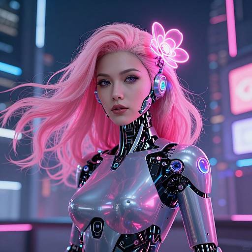 Digital artwork of a futuristic, pink-haired cyber woman with glowing neon butterfly hair clip, metallic silver and black bodysuit, neon cityscape background.