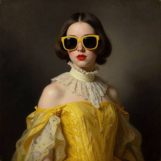 Photograph of a pale-skinned woman with short black hair, bright red lipstick, yellow off-shoulder lace dress, and oversized yellow sunglasses,