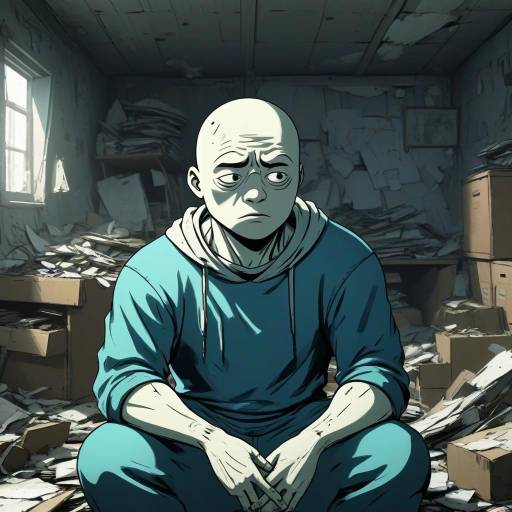 Pensive bald man in cluttered room