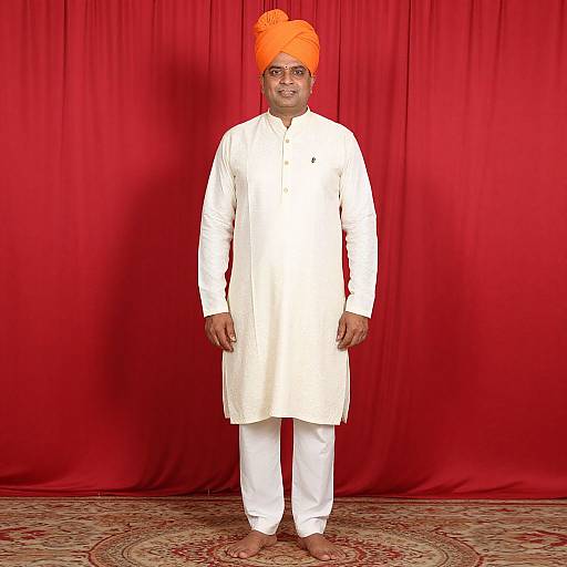 Photograph of a middle-aged South Asian man in white traditional attire, orange turban, barefoot, standing against a red curtain backdrop.