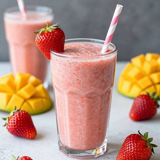 Photograph of two pink smoothies in clear glasses, each with a striped straw, garnished with a strawberry, surrounded by sliced mangoes and whole