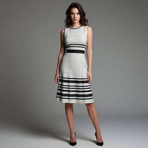 Photograph of a dark-haired woman in a sleeveless, white, textured dress with black horizontal stripes, standing against a gray background. She wears black