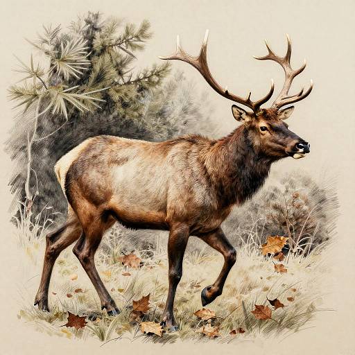 Digital drawing of a majestic elk with large antlers, walking through a forest clearing with pine trees and fallen autumn leaves.