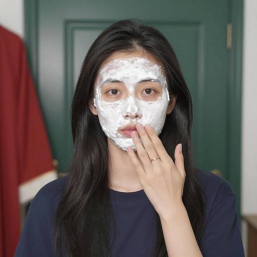 Woman with face mask applying skincare